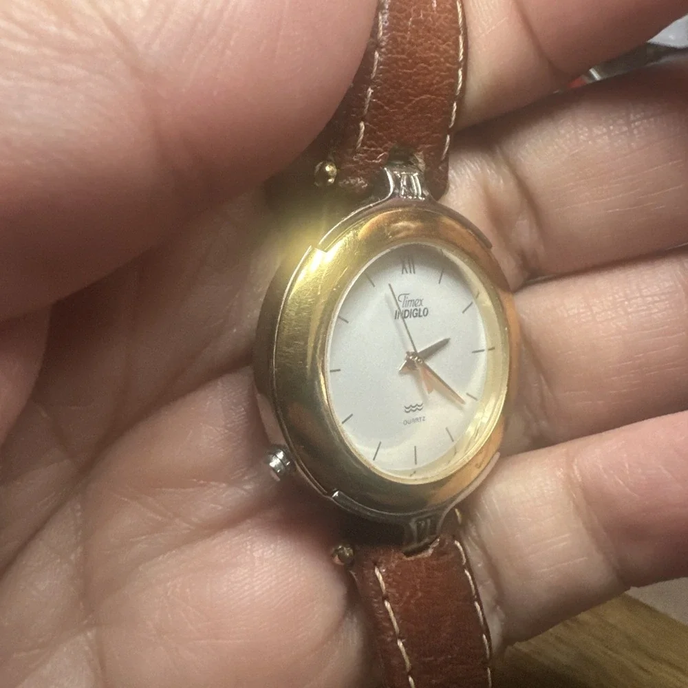 Works Timex Ladies 32mm Two Tone quartz indiglo New Battery Brown Leather Fit 7